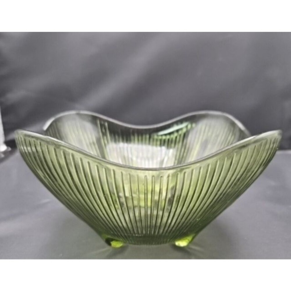 Anchor Hocking Forest Green Square Ribbed Glass Bowl Vintage Mid-Century